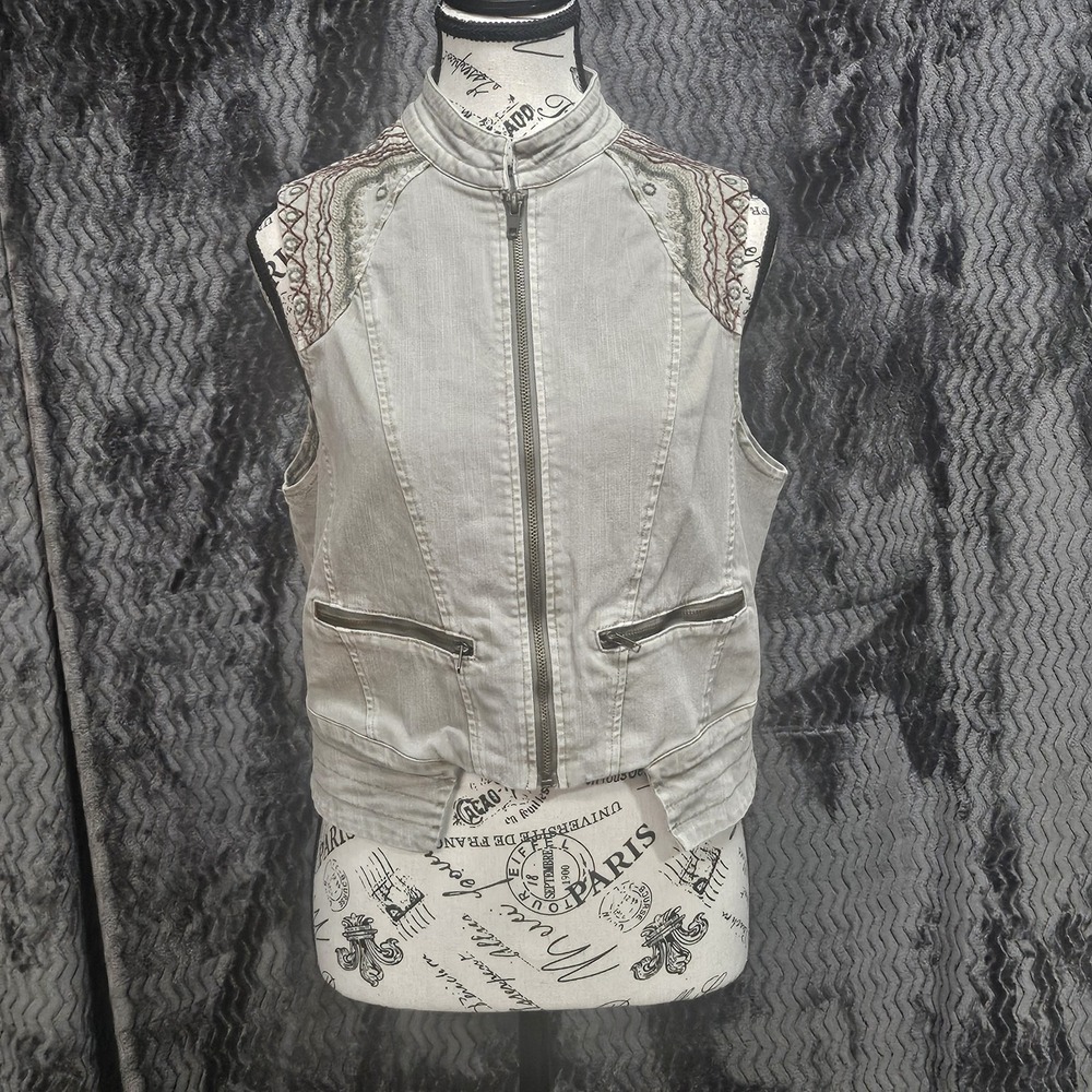 BKE Motorcycle Vest Womens M Brown Embroidered Zip Utility Western Boho Cowgirl
